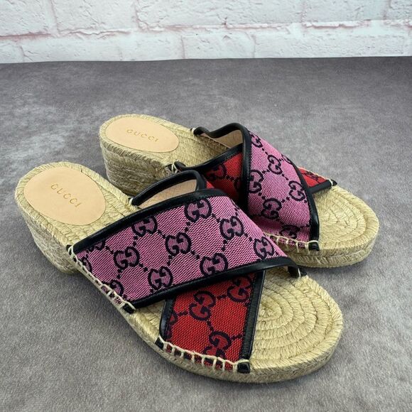 Gucci Multicolor Criss Cross Strap Red and Pink Espadrille Sandals Slides 37 - Picture 3 of 12